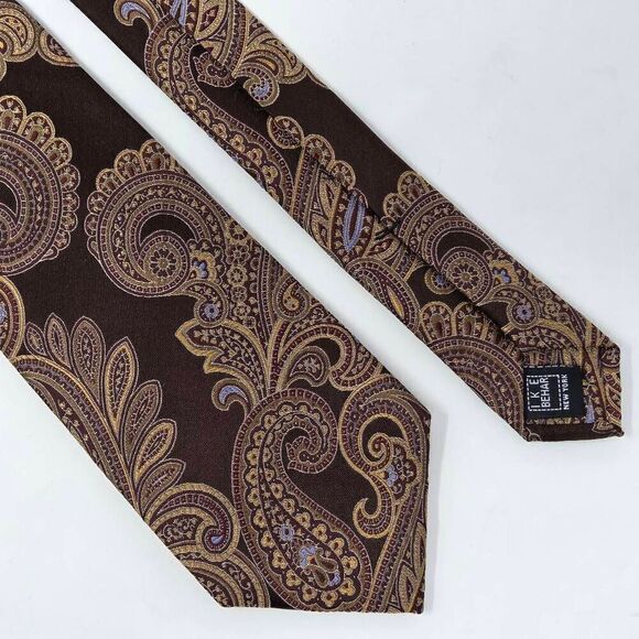IKE BEHAR NEW YORK SILK TIE PAISLEY BROWN GOLD SATIN 3.25" X 60" - Picture 1 of 3
